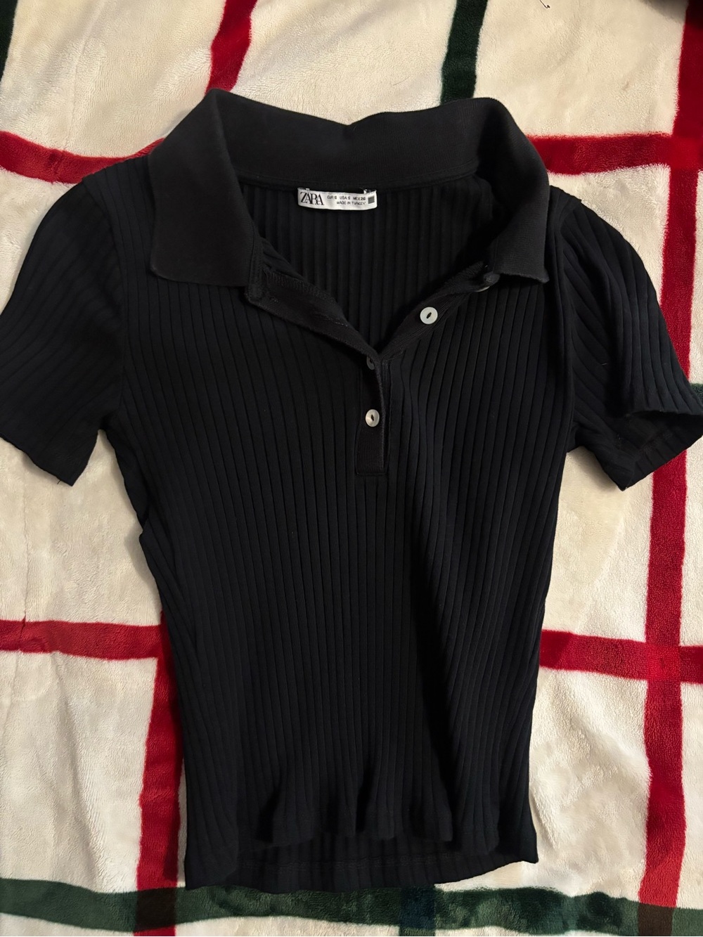 Zara Black Ribbed Short-Sleeve Polo